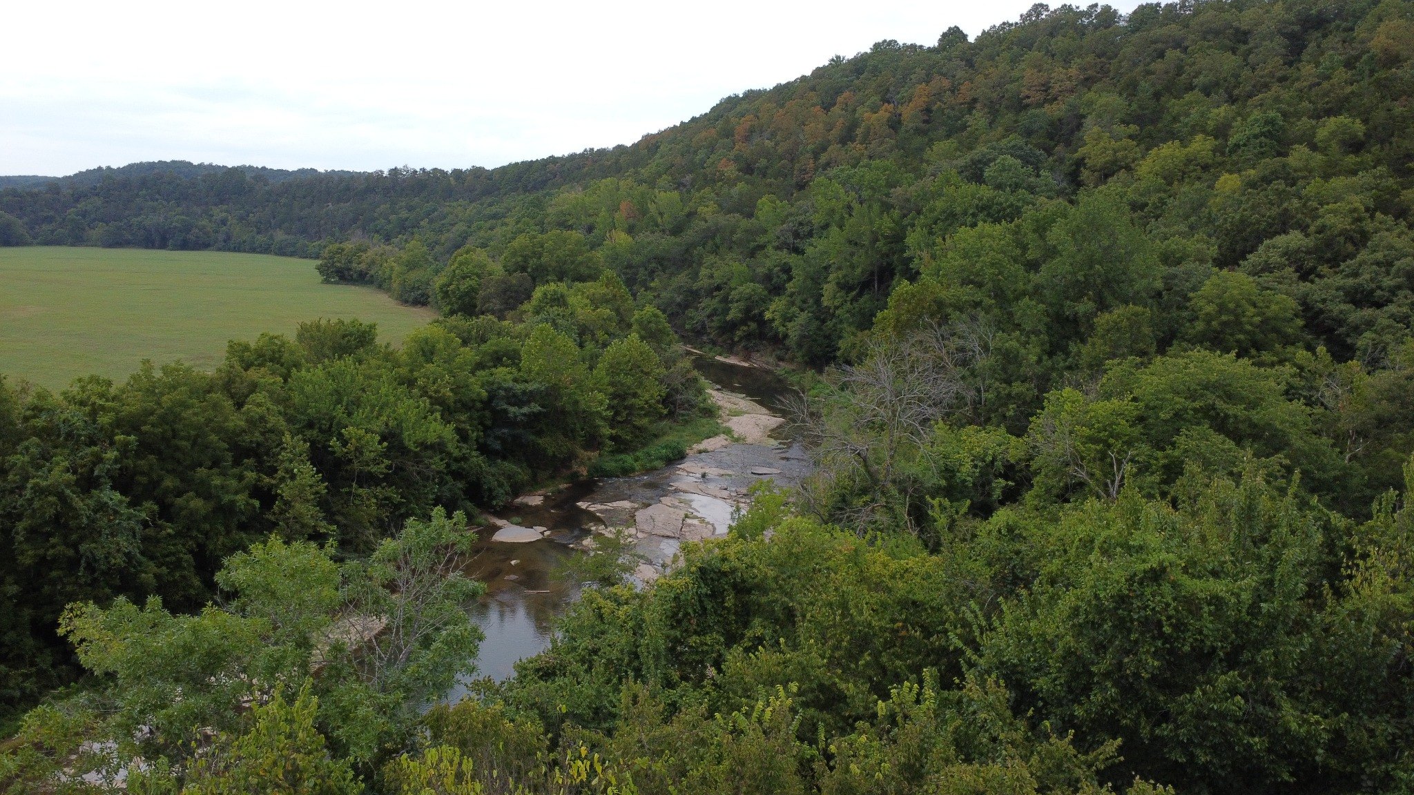 Aerial view of a creek winding through the Ozark woods near the cabin